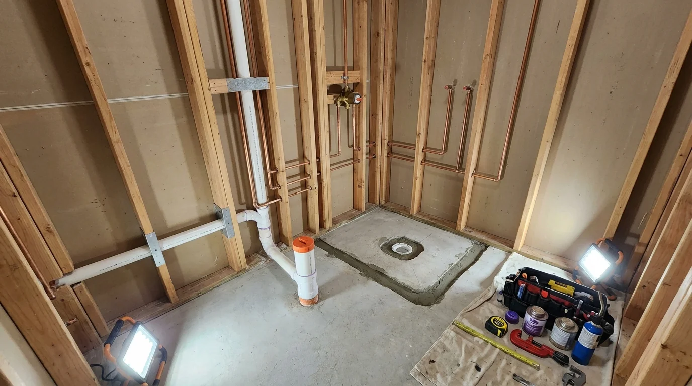 Bathroom rough-in plumbing during remodel by Johns Plumbing LLC in Haynesville