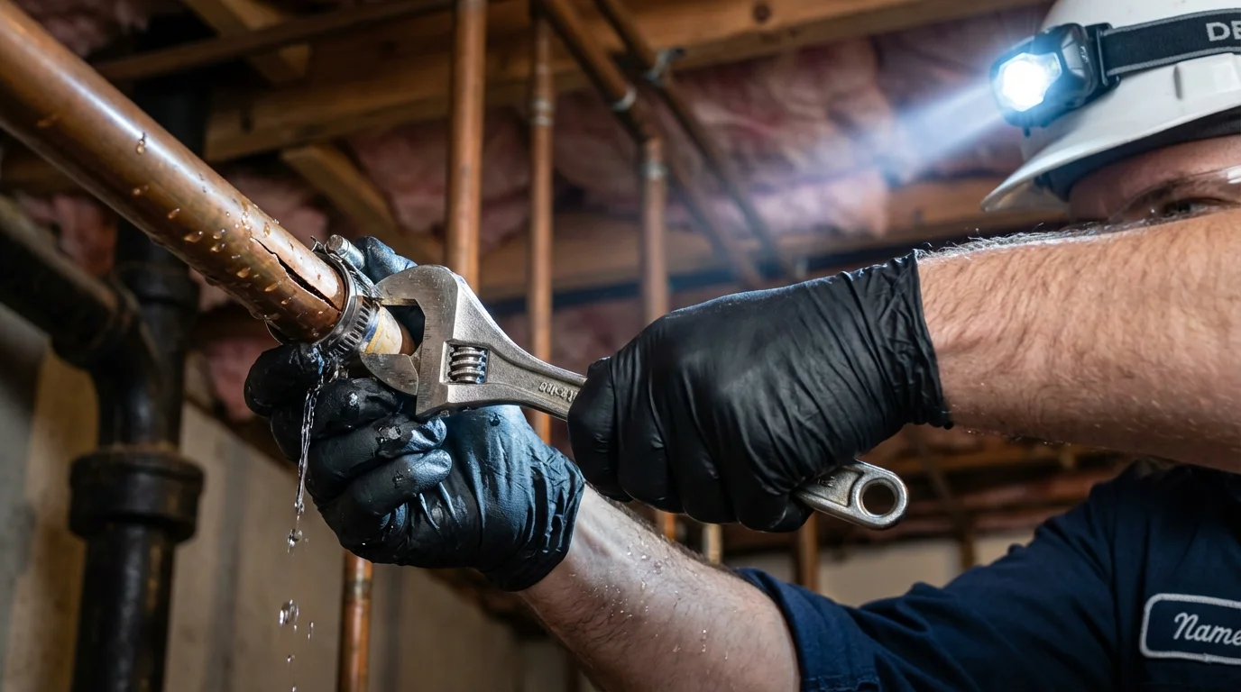 Emergency pipe clamp repair being performed by a Johns Plumbing LLC plumber in Haynesville
