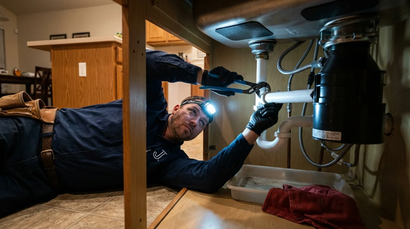 P-trap and supply line connections under a kitchen sink showing a common leak point in Haynesville, LA
